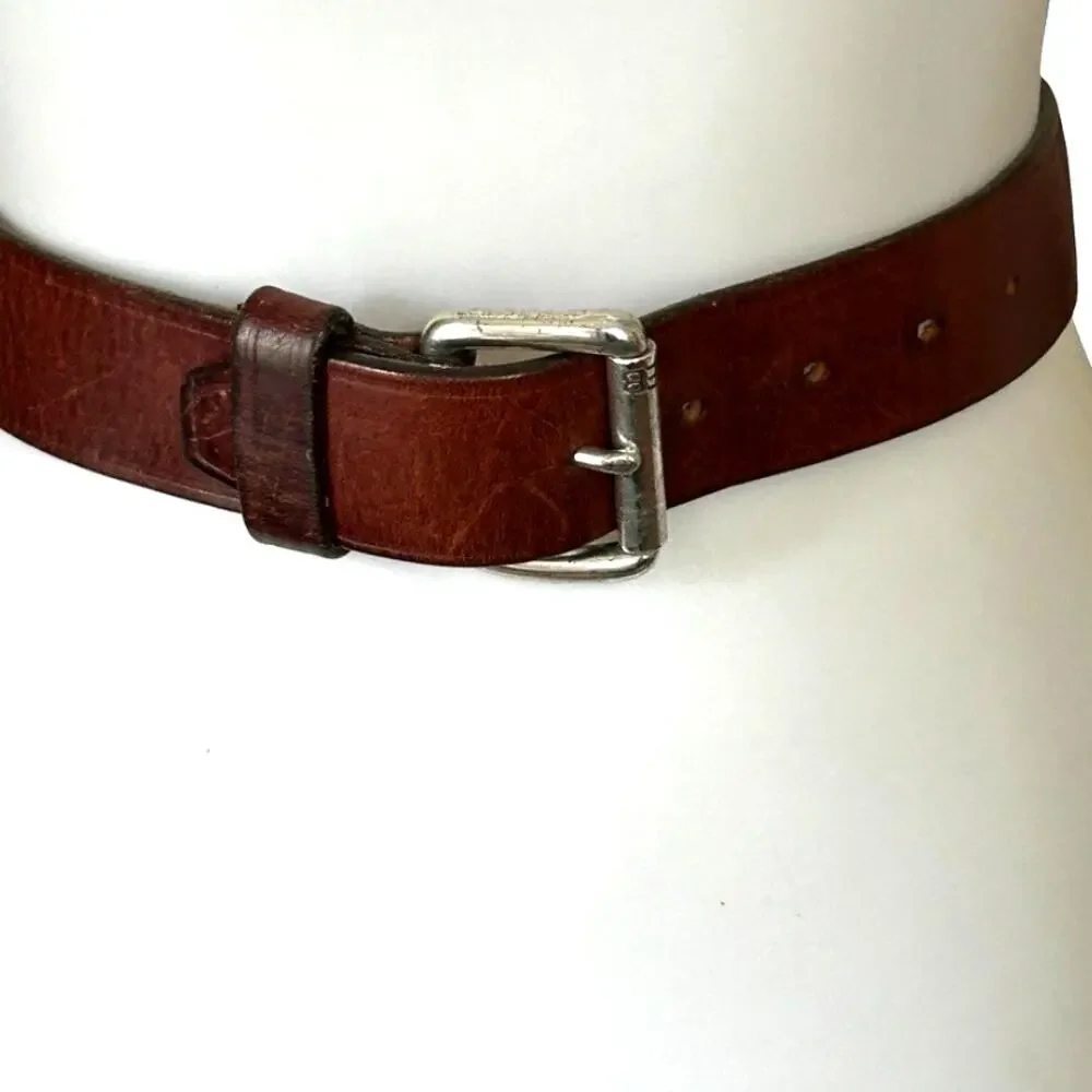 Vintage 70s Dark Brown Leather Belt Silver Tone Buckle